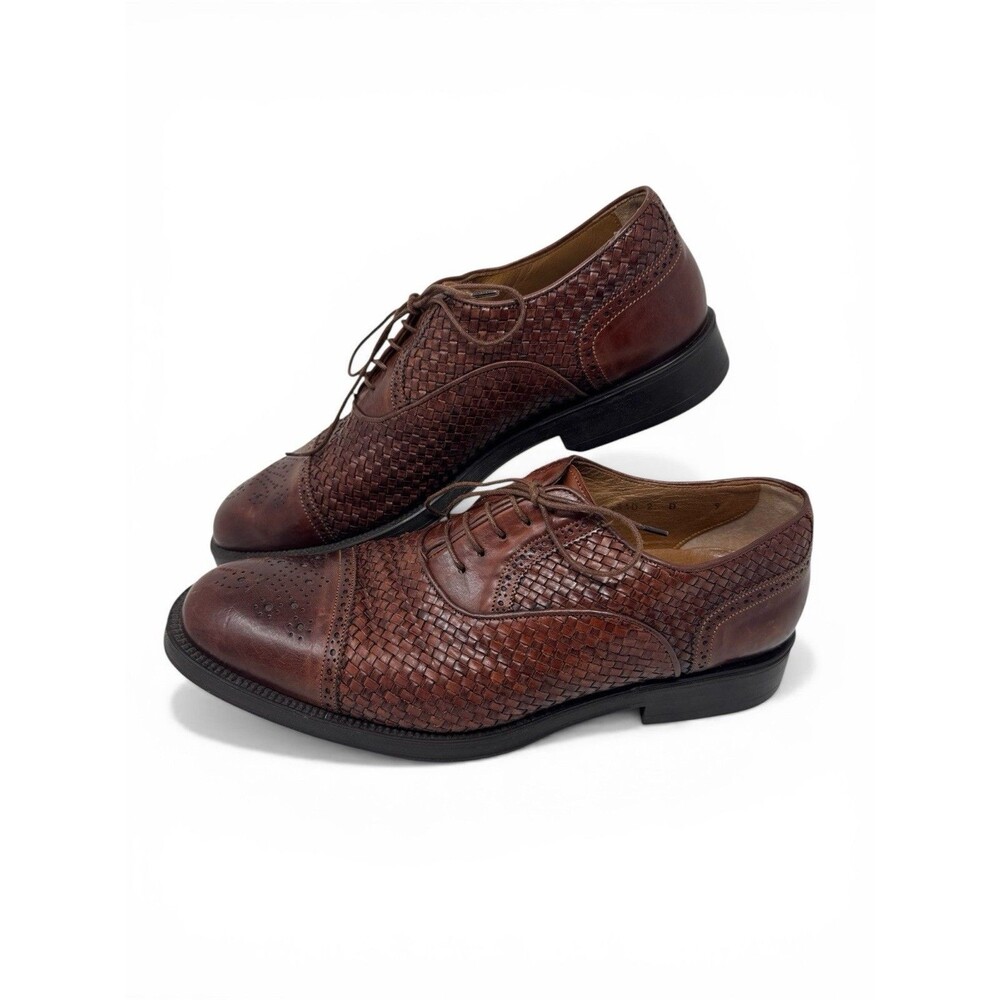 Santoni Italy Men’s Woven Leather Cap Toe Oxford Dress Shoes Brown Lace-Up 9D